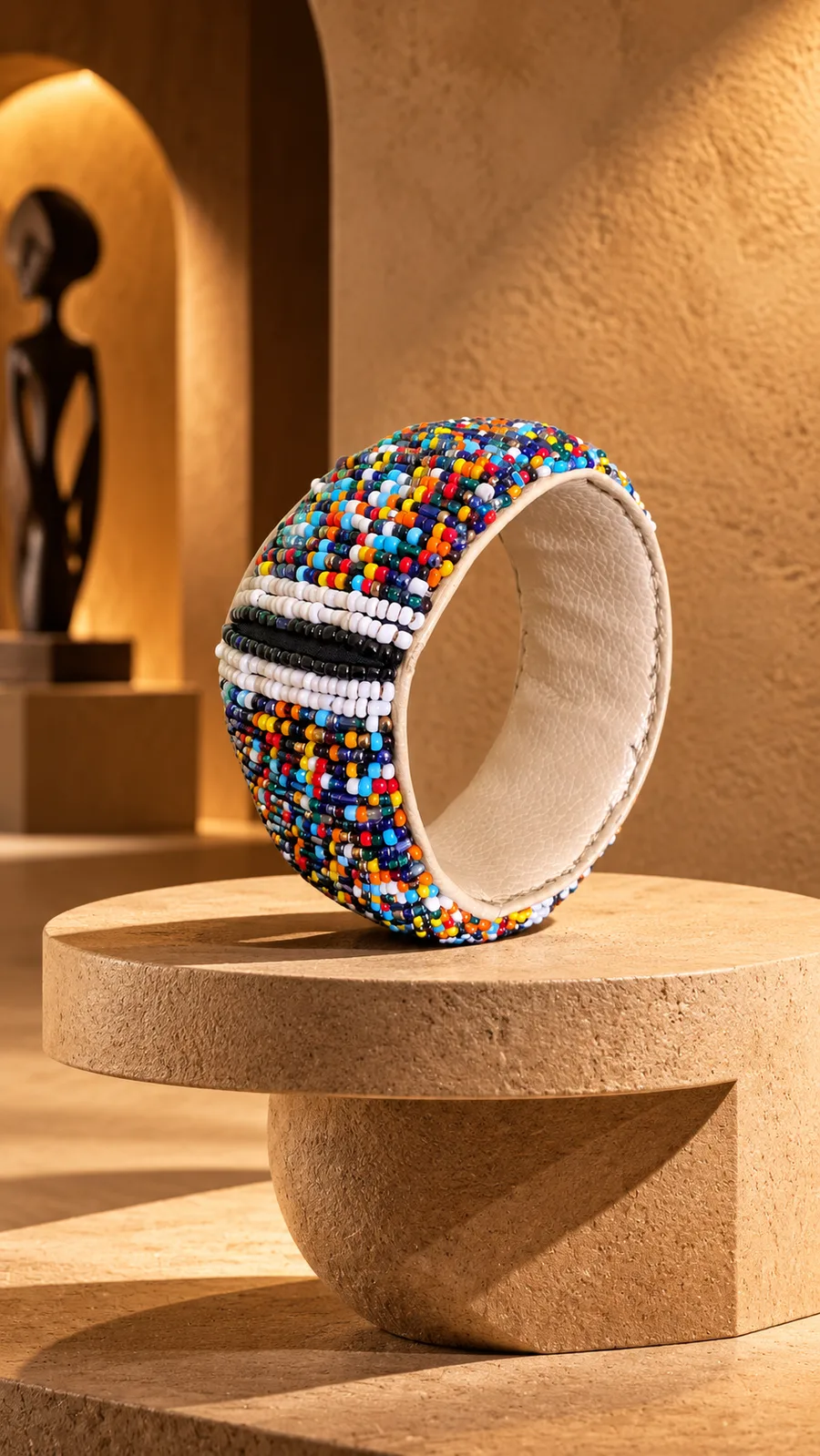 Manchette brodée de perles multicolores posée sur un socle en pierre beige
