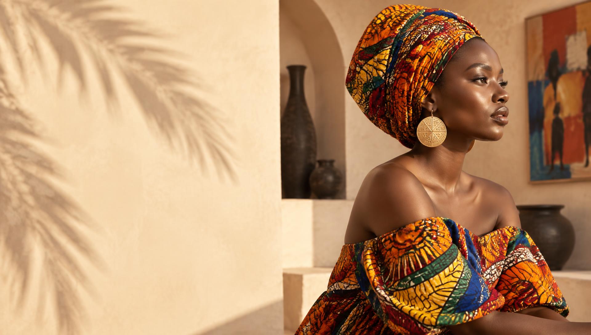 Femme portant un foulard et une robe en wax aux couleurs vives, dans un décor ocre baigné de lumière